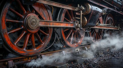 Detailed close-up of old steam train locomotive wheels, showing intricate metalwork, worn textures, and steam rising