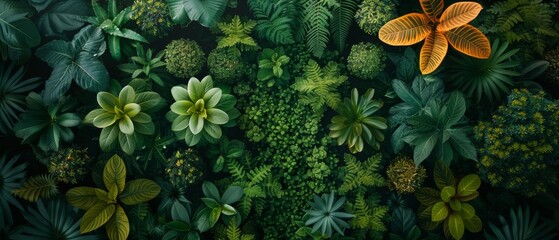 Wall Mural - From above, the tropical plants background appears as a lush oasis, teeming with life and vitality against the backdrop of the rainforest.