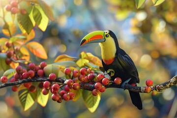 Wall Mural - A Keel-billed toucan perched playfully on a branch laden with colorful berries. Render the bird's distinctive beak and vibrant plumage in a high-resolution image.