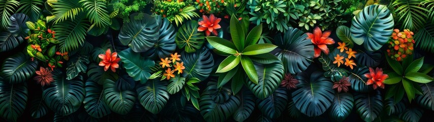 Wall Mural - Amidst the emerald canopy of tropical plants, a myriad of shapes and textures emerge, creating a visual feast for the senses.