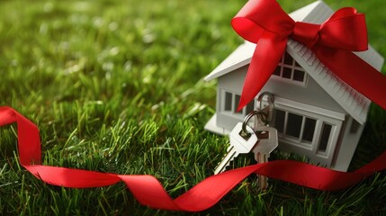 A model house with keys tied to a red ribbon on a green grass background, a real estate concept for a home gift and property, the color white building.