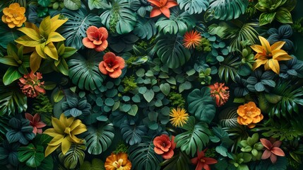 Wall Mural - Amidst the canopy of tropical plants, a kaleidoscope of colors unfolds, inviting you to immerse yourself in the beauty of nature from a new vantage point.