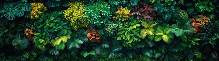 Wall Mural - This top-view tropical plants background transports you to a world of natural splendor, where towering palms and sprawling ferns converge in a riot of green.