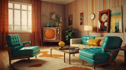 Wall Mural - Pop art interior design of modern living room with colorful upholstered mid-century furniture.