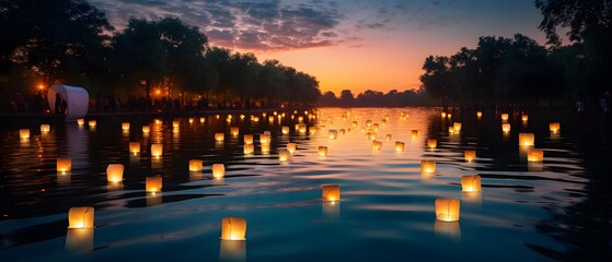 Wall Mural - Warmly Glowing Floating Lanterns on a River Illuminating the Night