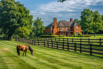 A palomino horse grazing in front of a large red brick home with a dark wood fence, a green grass lawn, a blue sky, trees, in a suburban setting, in a wide angle