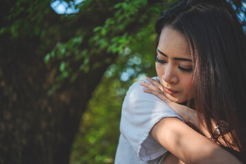 frustrated upset woman sitting green park loneliness. heartbroken women worried make mistake negativ