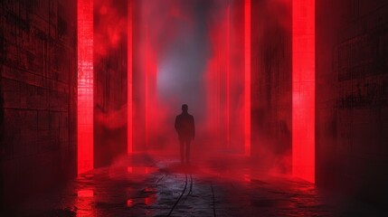 Mysterious man among red blocks, illuminated by scattered lights in a dark tunnel, thick fog in the background enhancing the mystic and surreal atmosphere