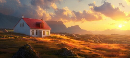 Wall Mural - A small white house with a red roof and a brown wooden cabin in the background, against a sunset sky, in an Icelandic landscape, rendered in a photorealistic style, in a wide-angle