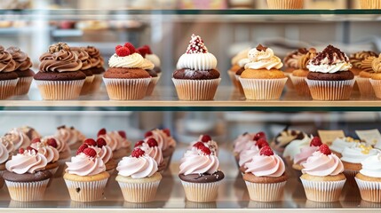 Wall Mural - Different types of muffin cakes in a bakery showcase