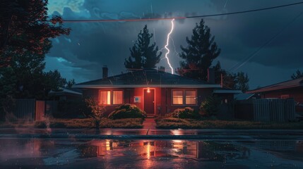 Wall Mural - A suburban house with lightning striking the roof, creating an ominous atmosphere.