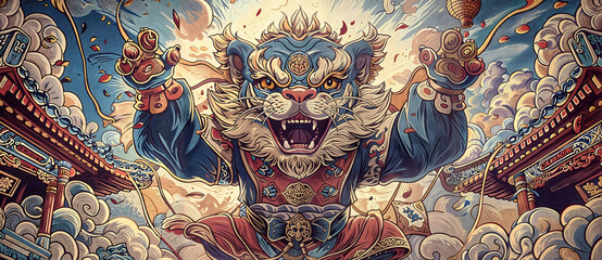 Wall Mural - A powerful image of a roaring mythical beast with intricate details and vibrant colors, set against a backdrop of traditional architecture and swirling clouds.