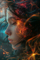 Wall Mural - Surreal Encounter of Cosmic Alien Brain and Serene Human Face in Ethereal Digital Painting