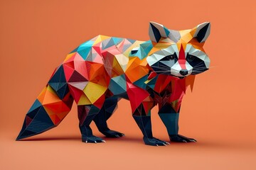 Wall Mural - Vibrant Origami-Inspired Raccoon Sculpture in Minimalist Studio