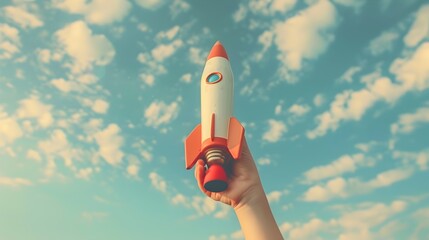 Wall Mural - Vibrant Rocket Toy Held in Child's Hand Against Serene Cloudy Sky in Photographic Style