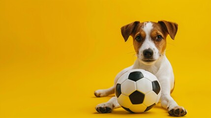 cute puppy dog playing football soccer ball on yellow background