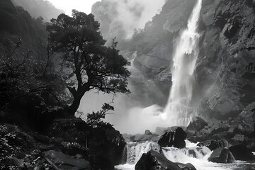 Wall Mural - A majestic waterfall cascading down a rocky cliff face, mist rising into the air.
