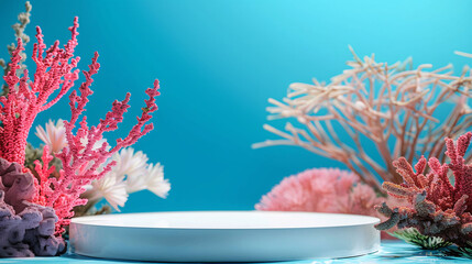 Wall Mural - round podium with colorful coral reef in the sea underwater background for display product