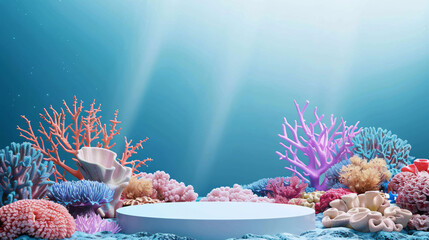 Wall Mural - round podium with colorful coral reef in the sea underwater background for display product