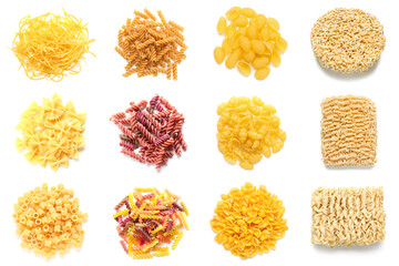 Poster - Set of raw pasta on white background, top view
