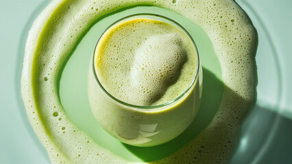 Wall Mural - creamy smoothie of green apple and celery, on green background, product photography
