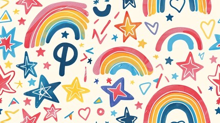 Wall Mural - Hand-drawn seamless pattern featuring LGBTQ Pride symbols like rainbows, stars, and peace signs in bright, cheerful colors