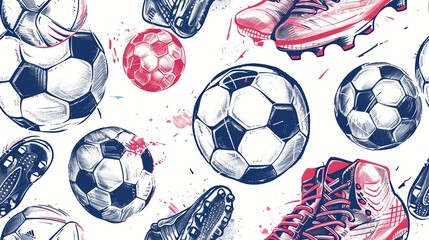 Seamless pattern of hand-drawn soccer balls and cleats, creating a dynamic and sporty design