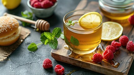 Sticker - Arrangement of a glass filled with green tea lemon slice mint leaves raspberries honey bowl and bun on a wooden board