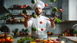 © Ghulam - Chef juggling with vegetables and other food in the kitchen, generative AI