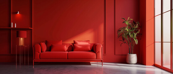 red couch in red living room with a big window modern interior design