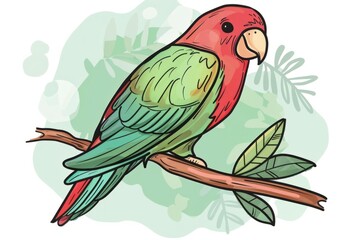 Wall Mural - Cartoon cute doodles of a red and green parrot perched on a branch, Generative AI
