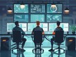 © Preeyanuch - Three analysts collaborate at a modern control room desk, monitoring multiple screens displaying global data and security analytics.