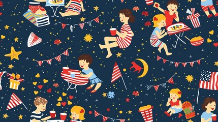 Wall Mural - Seamless pattern of hand-drawn families having picnics with American flags and festive decorations, celebrating United States Independence Day