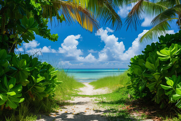 Wall Mural - Beautiful white sand, bright blue sky and clouds, palm trees and dense greens, all this on the Maldives. A paradise for people and children. Panorama.



