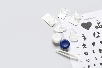 Poster - Eye test chart with tweezers, container and contact lenses on white background