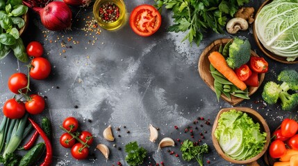 Wall Mural - Fresh vegetables and cooking ingredients on a gray table for making Asian dishes viewed from the top