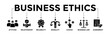 © Diyah - Business ethics banner icons set. Vector graphic glyph style with icon of attitude, relationship, reliability, morality, choice, business law and agreement