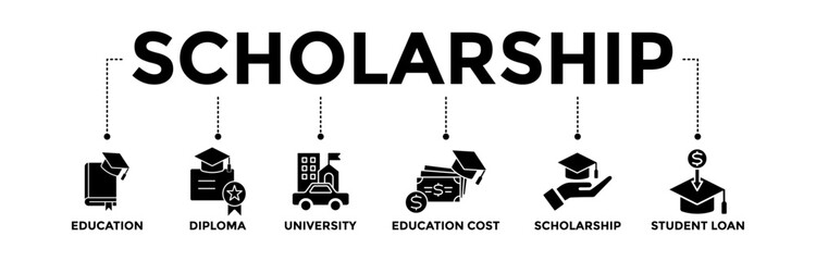 Scholarship banner icons set. Vector graphic glyph style with icon of education, diploma, university, education cost, scholarship, and loan student