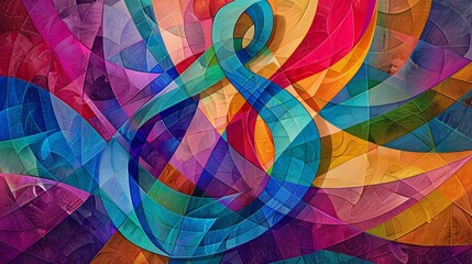 An imaginative, colorful illustration of a rainbow-colored musical note, set against a background of abstract shapes and lines representing unity and pride, with a palette of deep blues, purples, and