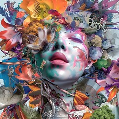 Wall Mural - Surreal Floral Face Artwork with Vibrant Colors and Fantasy Elements