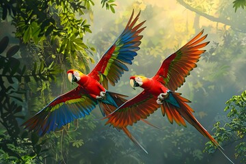 Wall Mural - A pair of Scarlet macaws flying in vibrant formation through a lush rainforest canopy. Render the colorful plumage and the dense foliage with a sense of depth.