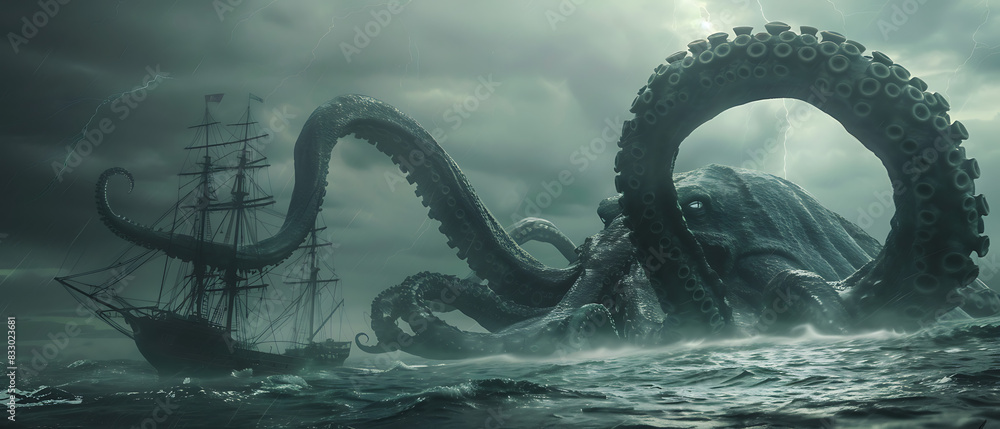 Surreal image of a gigantic kraken rising from the depths of the ocean ...