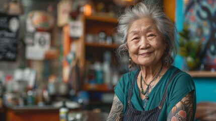 Wall Mural - Portrait of a old woman tattoo artist at studio tattoo