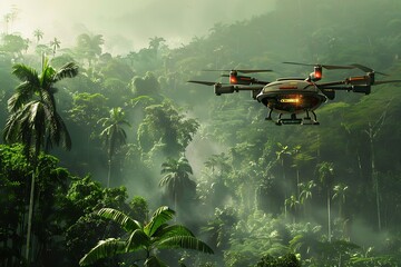 A self-driving delivery drone navigating a dense rainforest, delivering supplies to remote villages