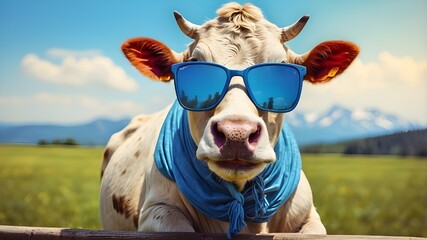 Wall Mural - Funny cow with blue sunglasses