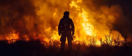 Wall Mural - Firefighter stands in front of large wildfire.