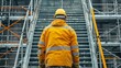 © VISUAL BACKGROUND - Construction worker walks up set of stairs.