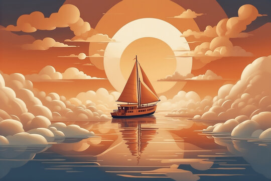 a vintage sailing ship floating on a perfectly still and reflective ocean during a vibrant sunset, with stylized clouds and a large sun in the background creating a warm, peaceful ambiance.