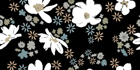 Wall Mural - Dark Vintage Floral pattern with daisy flowers on Black Background. Liberty style millefleurs. Floral seamless background for textile, book covers, manufacturing,