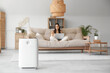 © Pixel-Shot - Modern humidifier and young woman sitting on sofa in beautiful living room, closeup
